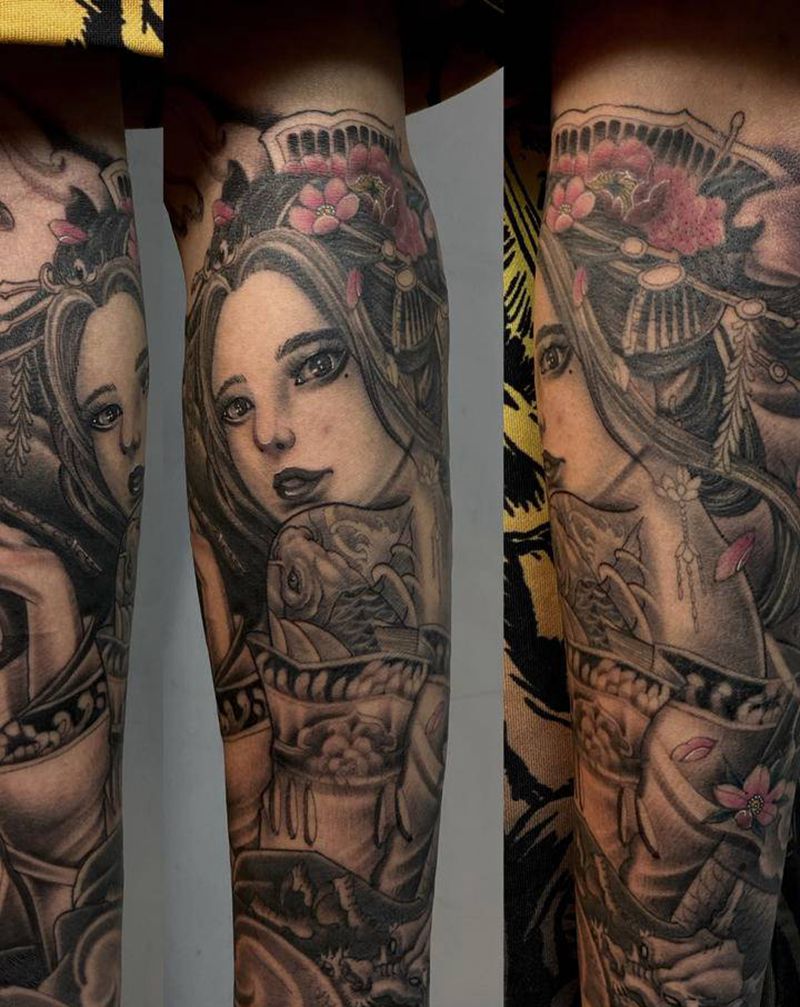 包小臂纹身图片_手臂手部新传统艺妓鱼包小臂纹身图案