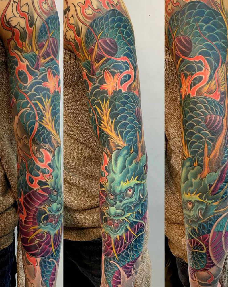 修改遮盖花臂纹身图片_手部手臂新传统老传统龙花臂纹身图案