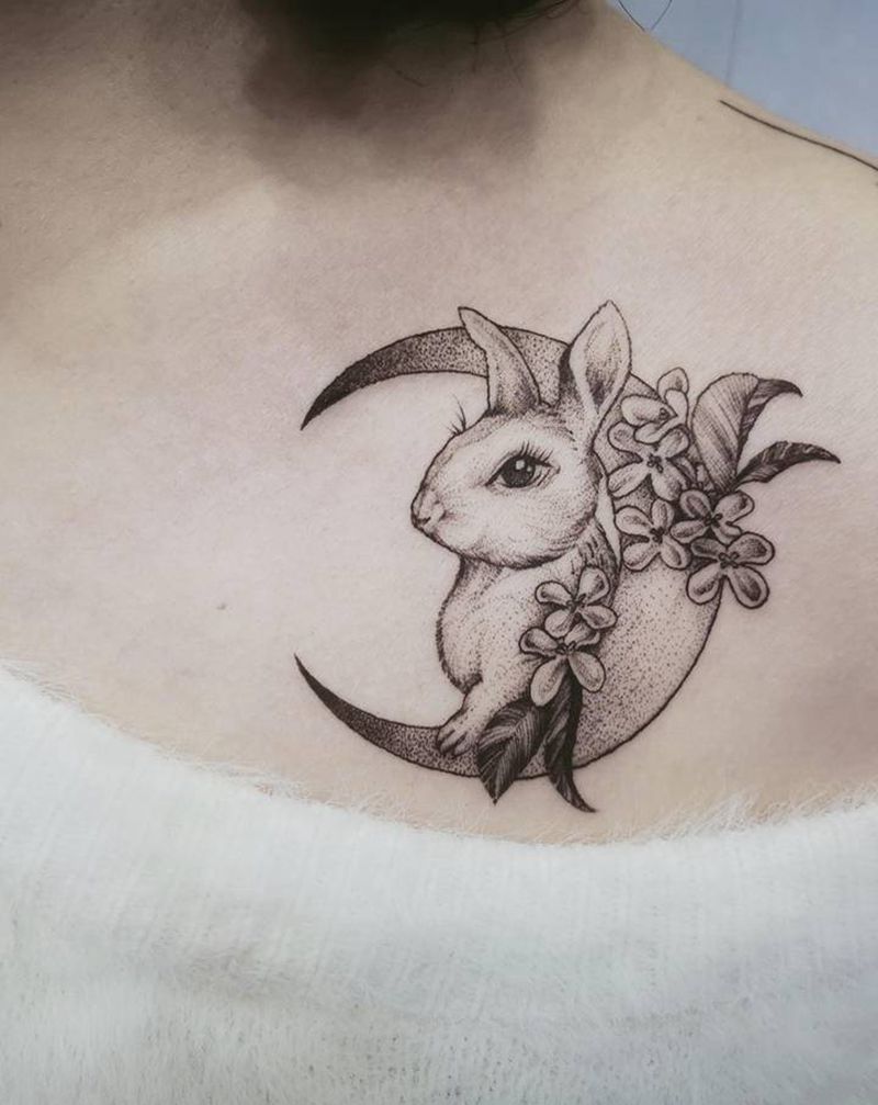 月兔纹身图片_胸部肩部纹身图案