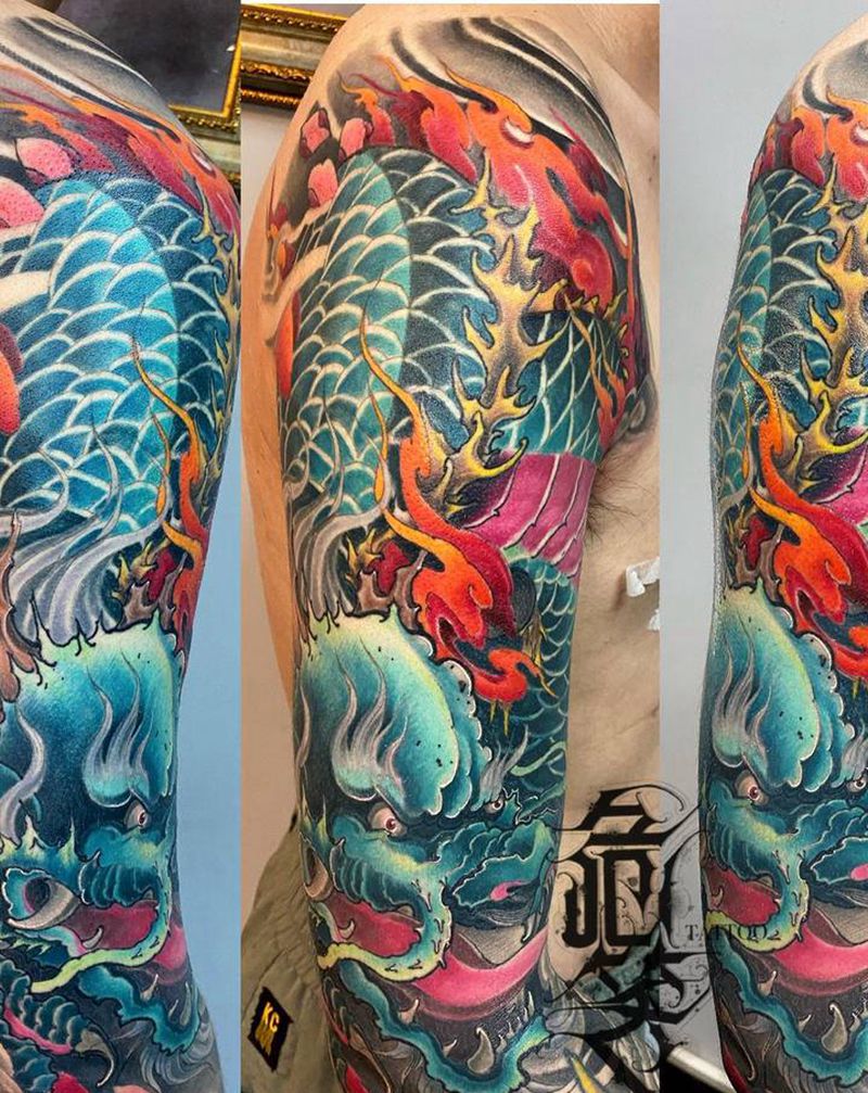 传统龙 恢复后效果纹身图片_手臂手部新传统老传统龙纹身图案
