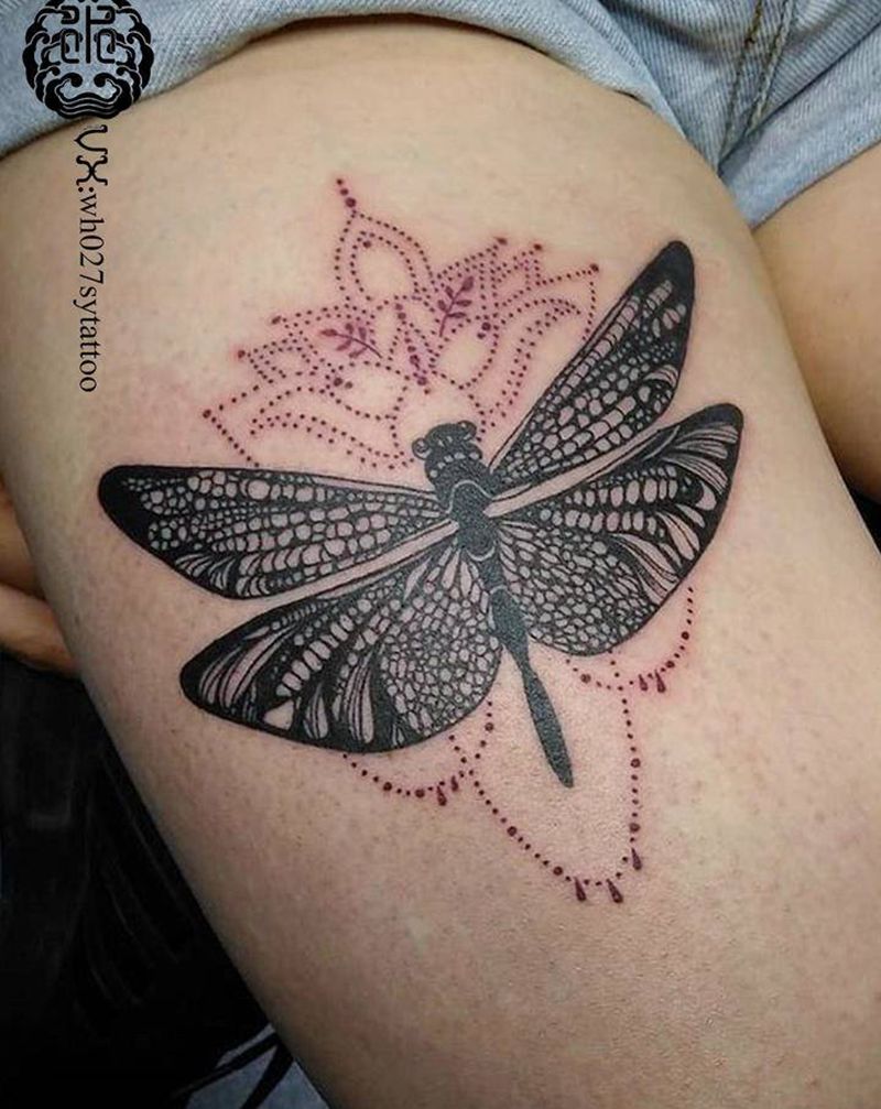 蜻蜓纹身图片_腿部图腾蜻蜓莲花纹身图案