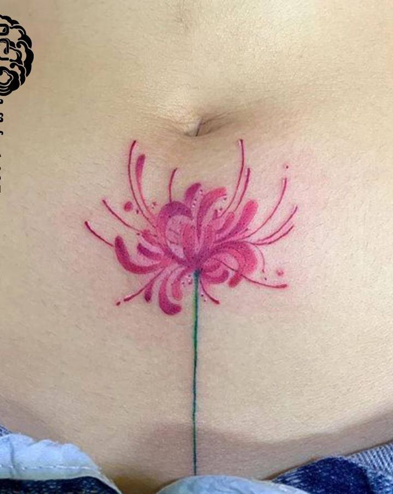 彼岸花（遮盖胎记）纹身图片_腹部水彩彼岸花花纹身图案
