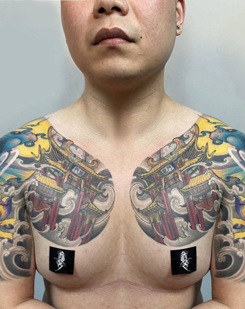 鲤鱼跃龙门半甲纹身图片_手臂肩部新传统老传统半甲半钾鲤鱼纹身图案