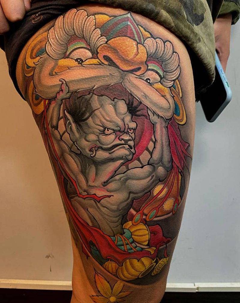 小鬼舞狮纹身图片_腿部脚部新传统舞狮纹身图案