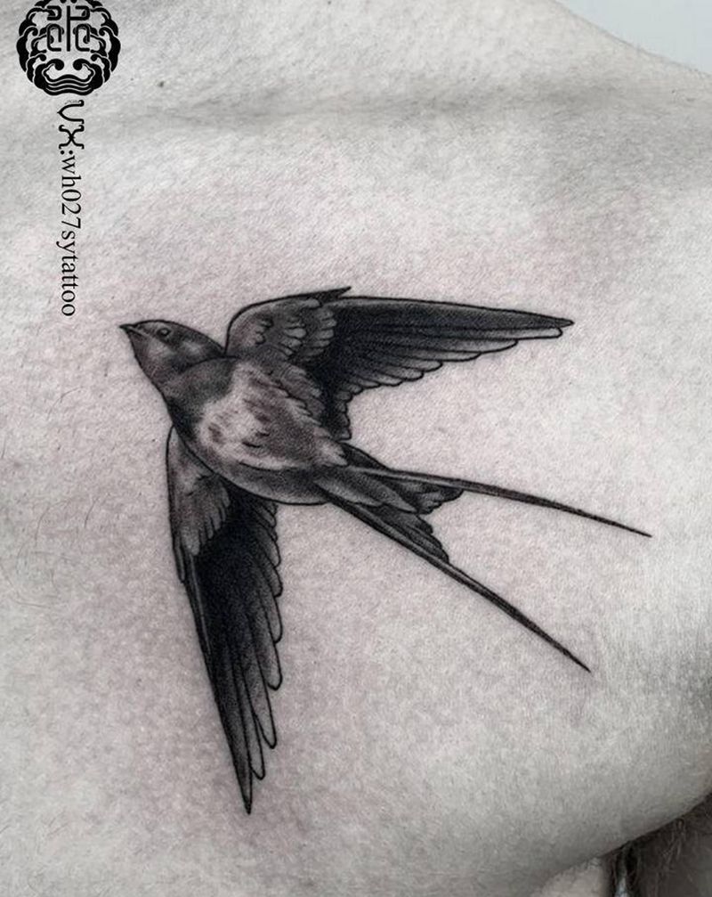 燕子纹身图片_胸部欧美写实燕子纹身图案
