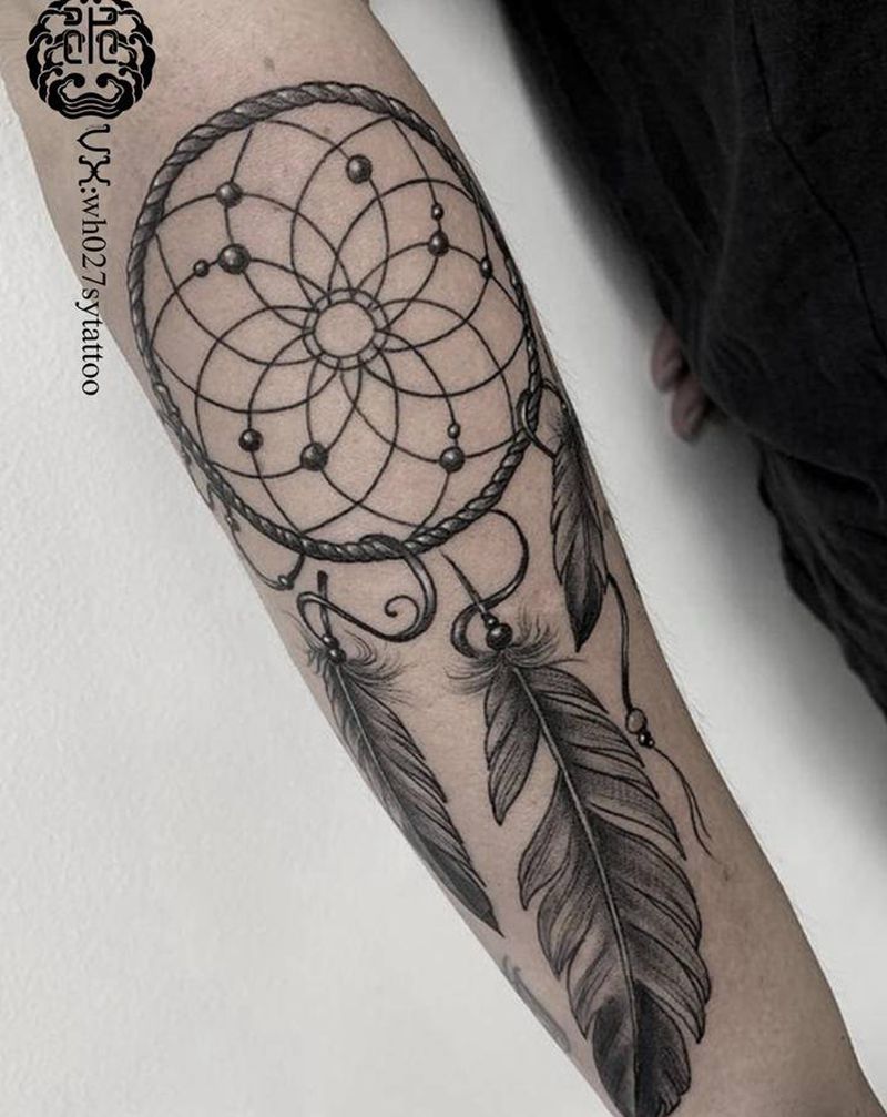 捕梦网纹身图片_手臂欧美写实捕梦网羽毛纹身图案