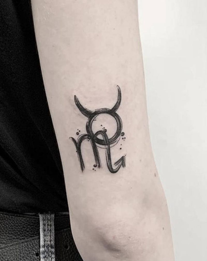 天蝎金牛配纹身图片_手臂图腾水墨天蝎座金牛座星座纹身图案