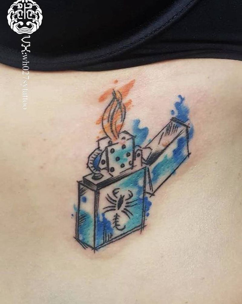 zippo纹身图片_腹部水彩zippo打火机纹身图案