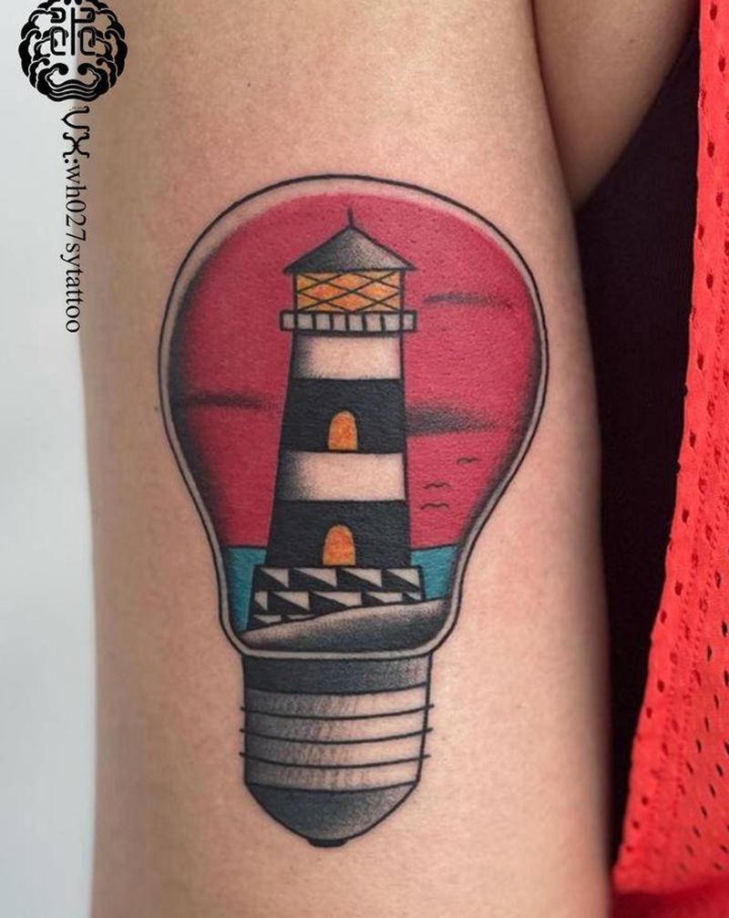 灯泡里的灯塔纹身图片_手臂Old School灯泡灯塔纹身图案
