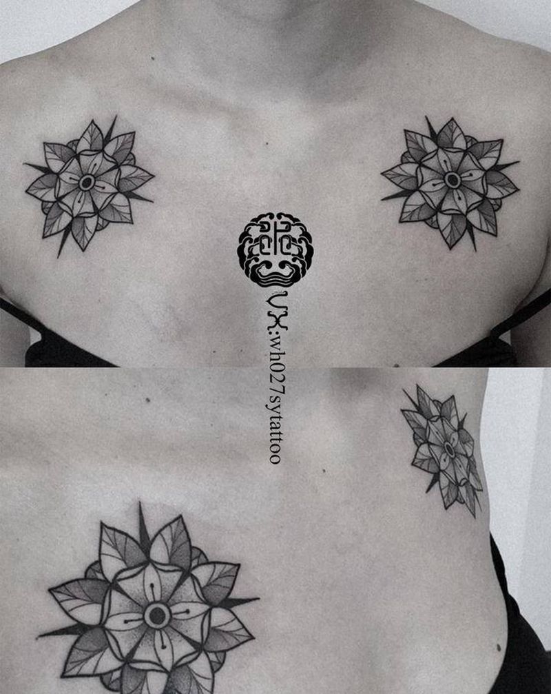 曼陀罗纹身图片_胸部点刺几何曼陀罗万花筒纹身图案