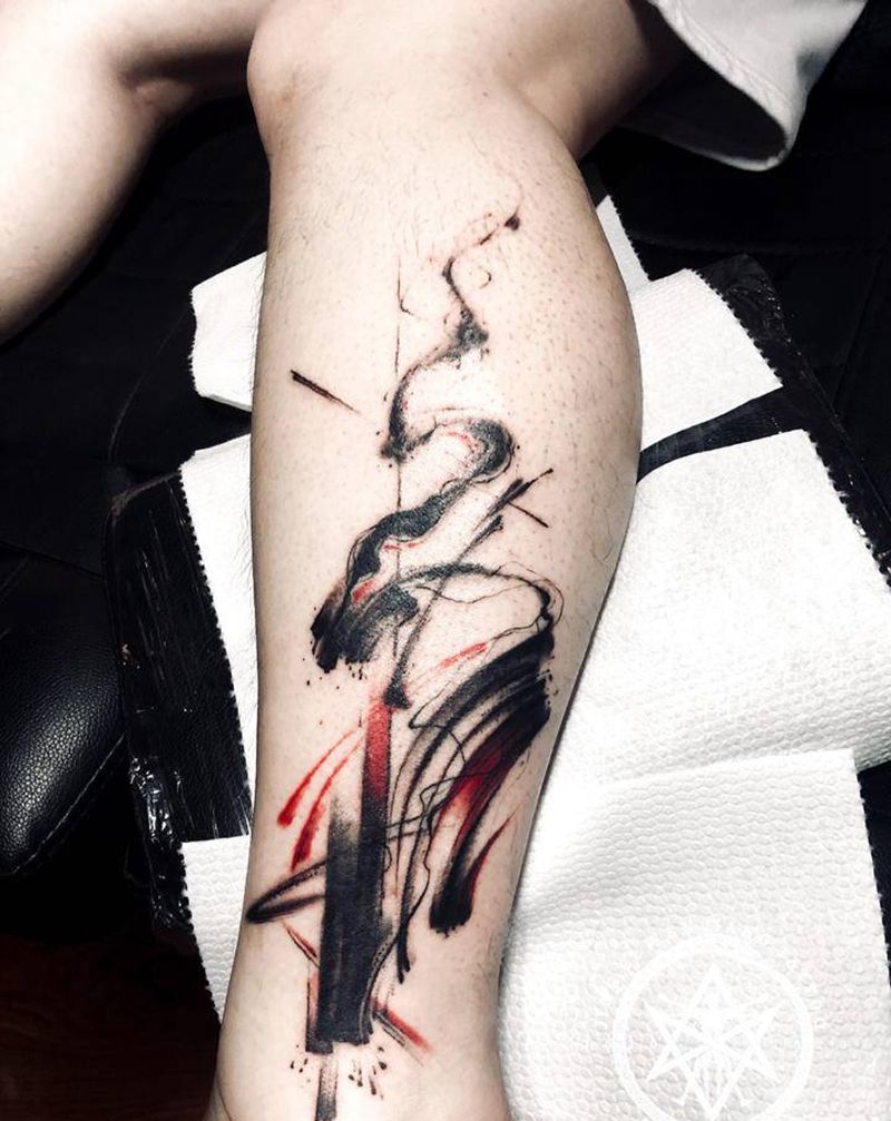 现场原创，水墨抽象作品纹身图片_腿部手臂水墨水彩纹身图案
