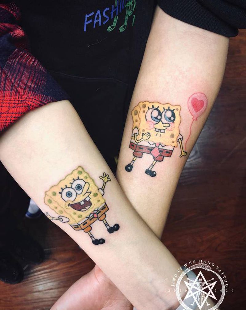 情侣卡通海绵宝宝纹身图片_手臂New SchoolOld School纹身图案