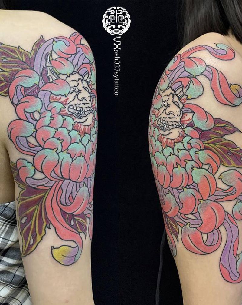 般若爆菊花纹身图片_手臂新传统般若菊花花纹身图案