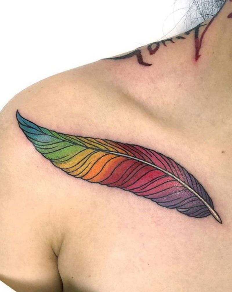 羽毛纹身图片_胸部羽毛彩虹纹身图案