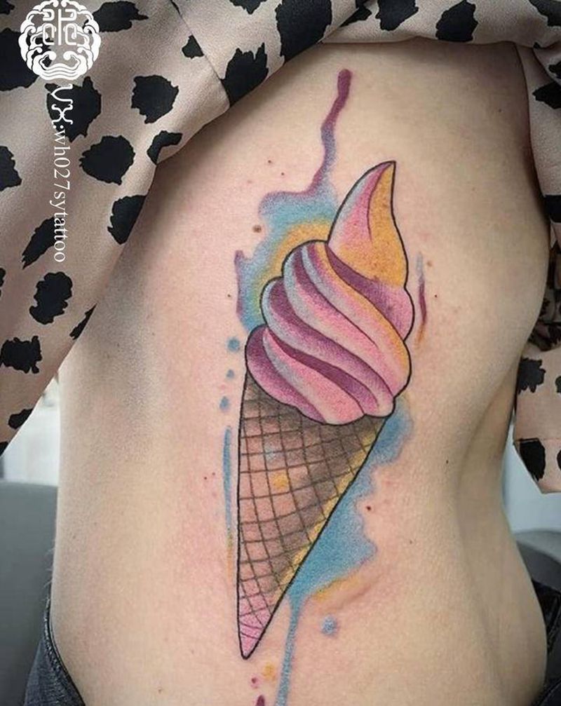 冰淇淋纹身图片_腰部水彩冰淇淋纹身图案