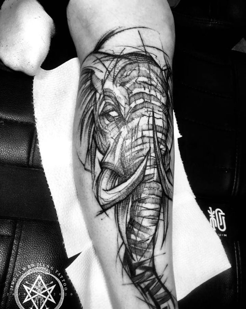 线条大象纹身图片_腿部几何点刺纹身图案