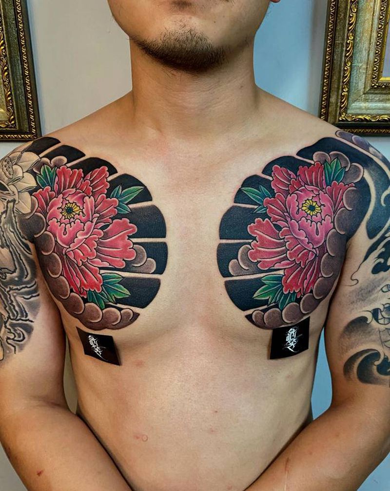 老传统半甲纹身图片_手臂胸部新传统老传统半甲牡丹花半钾纹身图案