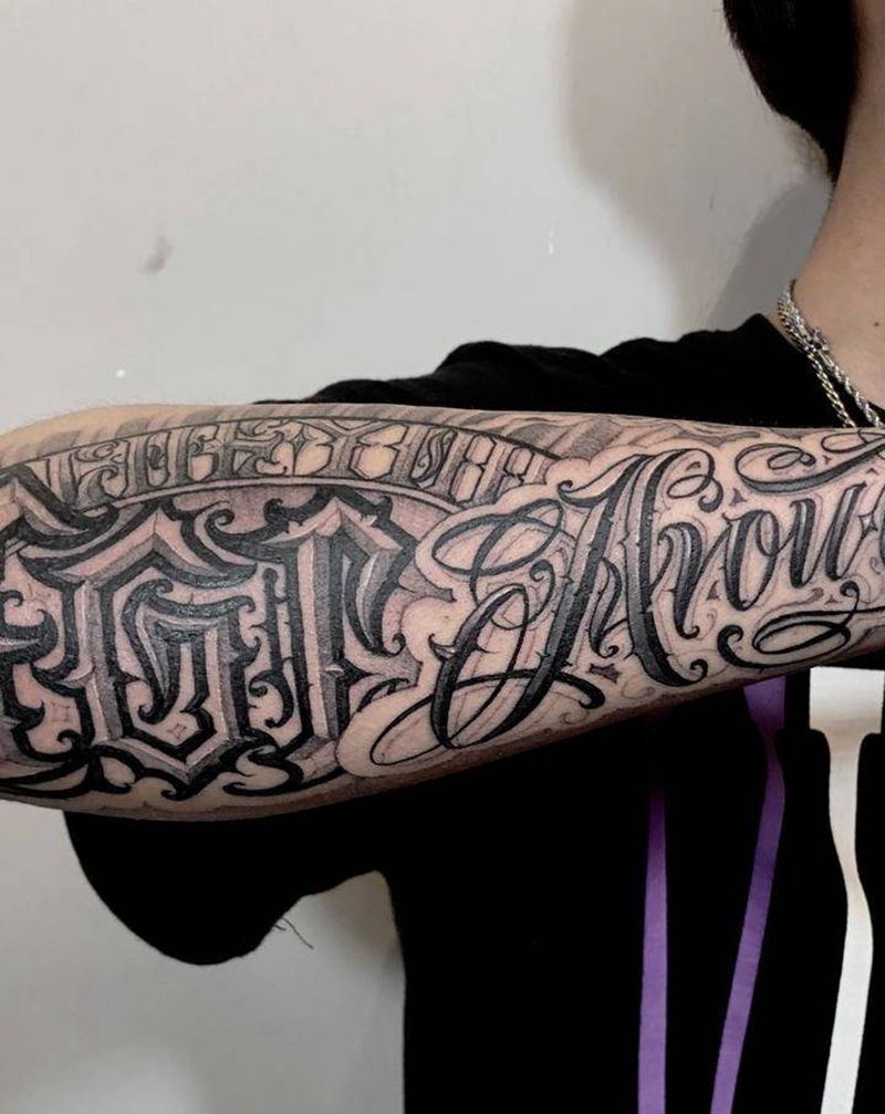 花体字作品纹身图片_手臂手部花体字新传统花体字奇卡诺纹身图案