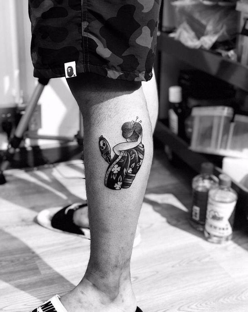 今日作品更新#白鬼之多情白骨精纹身图片_腿部老传统艺妓纹身图案