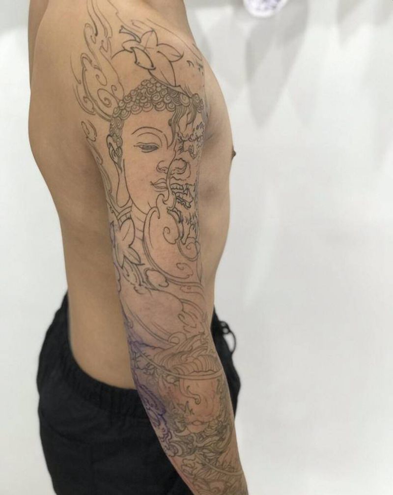 今日作品更新#花臂线条完成#纹身图片_手臂花臂纹身图案