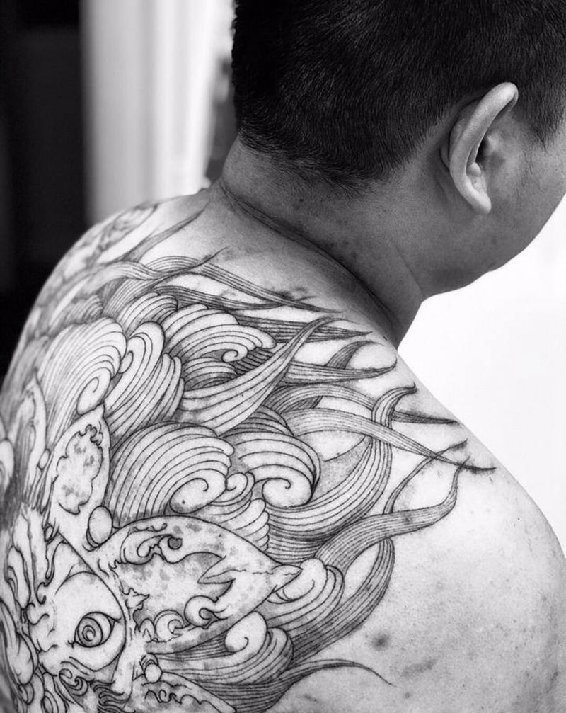 会动的大黑天,第一遍线条完成#纹身图片_背部老传统大黑天纹身图案