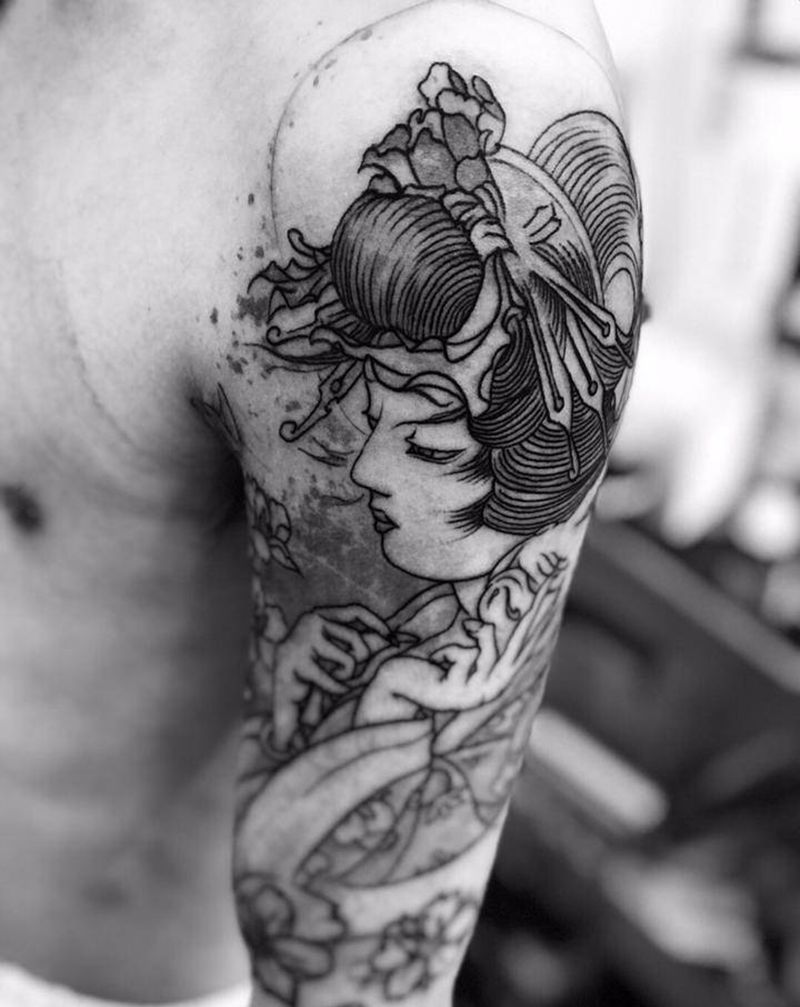 今日作品更新#艺妓线条进度中#纹身图片_手臂老传统纹身图案