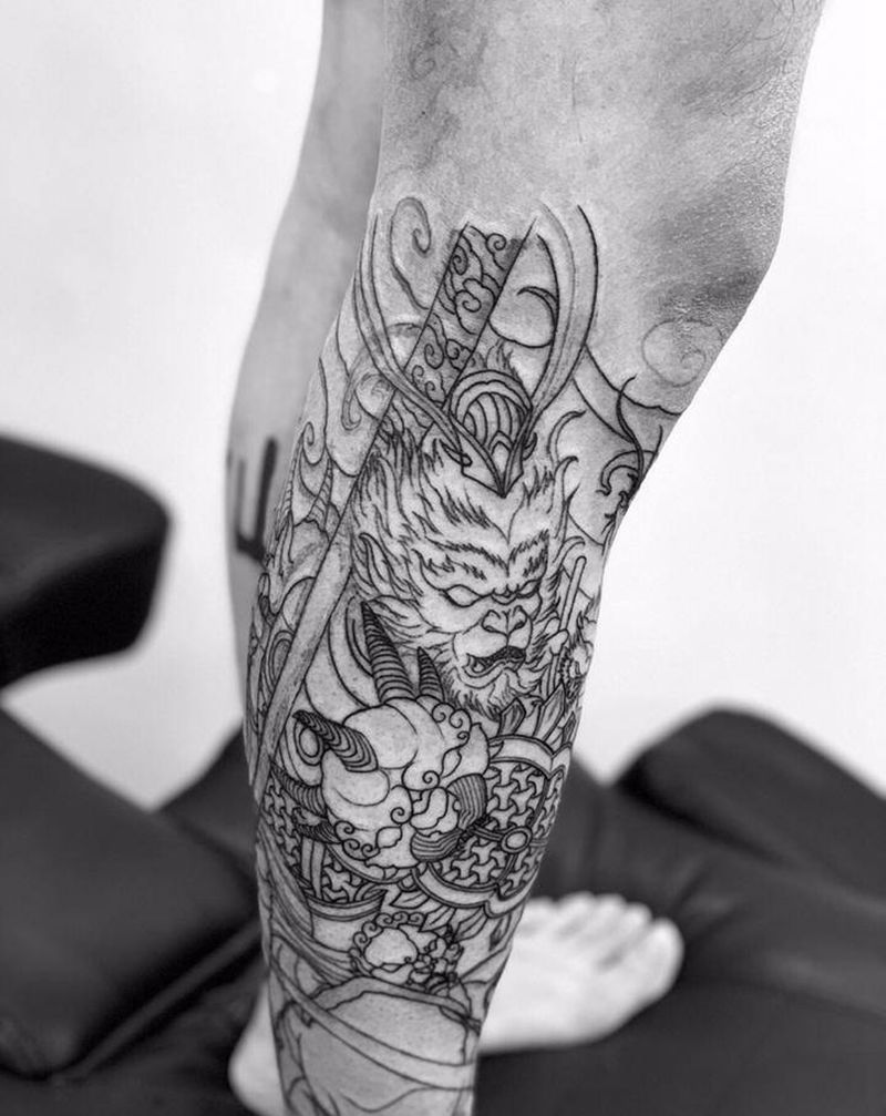 今日作品更新#斗战圣佛#线条第纹身图片_新传统斗战胜佛纹身图案