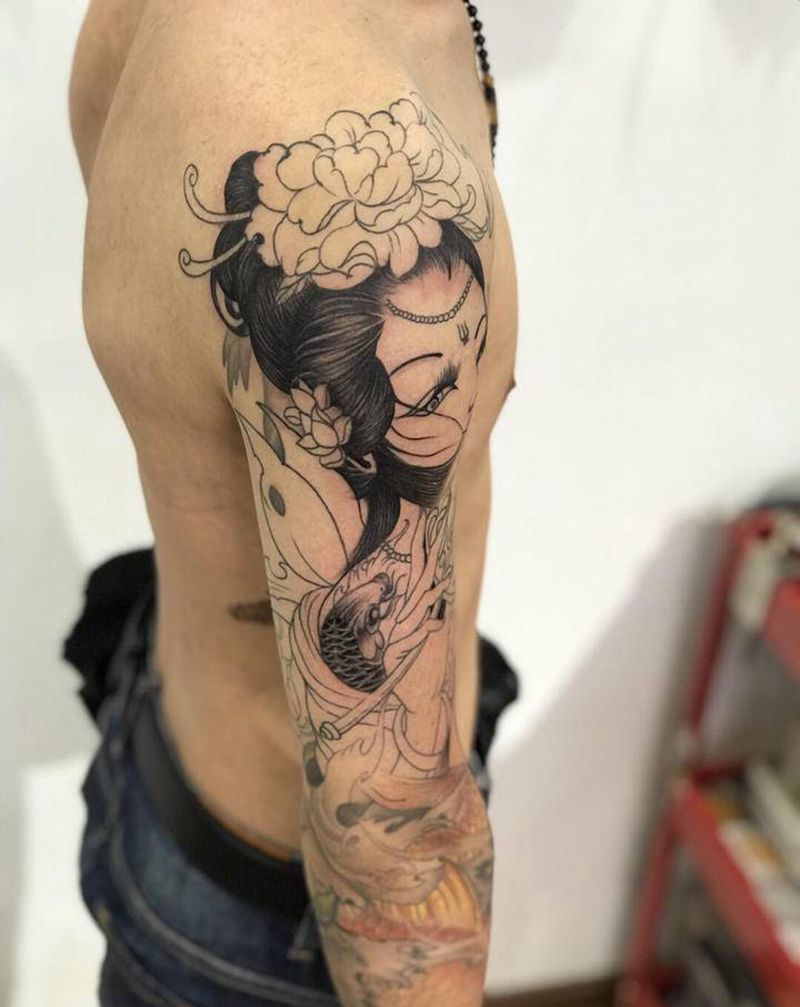 今日作品更新#艺妓花臂进度中…纹身图片_手臂新传统花臂纹身图案