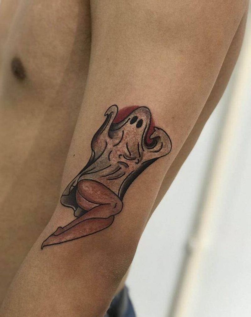 #遮盖伤疤#今日作品更新#性感纹身图片_手臂Old School女幽灵纹身图案