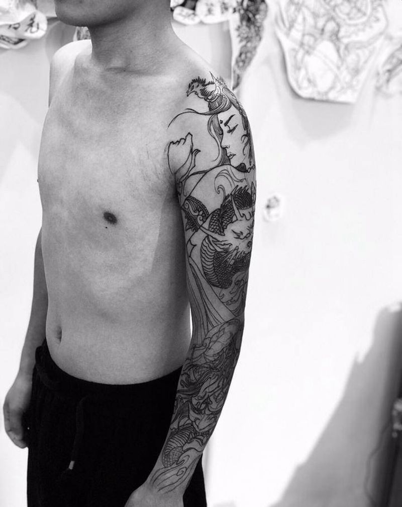 今日作品更新#艺妓花臂进度中#纹身图片_手臂新传统纹身图案