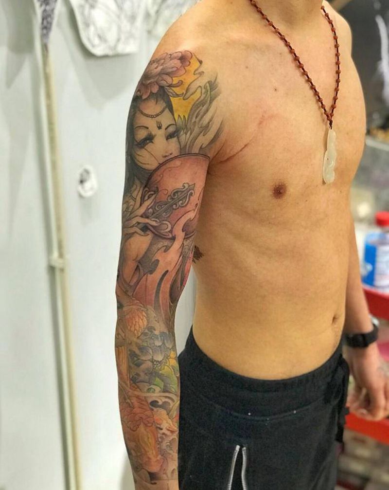 今日作品更新#艺妓花臂进度85纹身图片_手臂新传统纹身图案