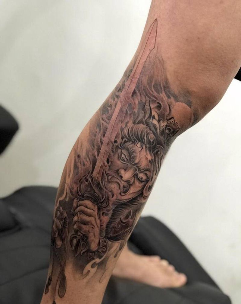 今日作品更新#不动冥王#纹身图片_腿部新传统纹身图案