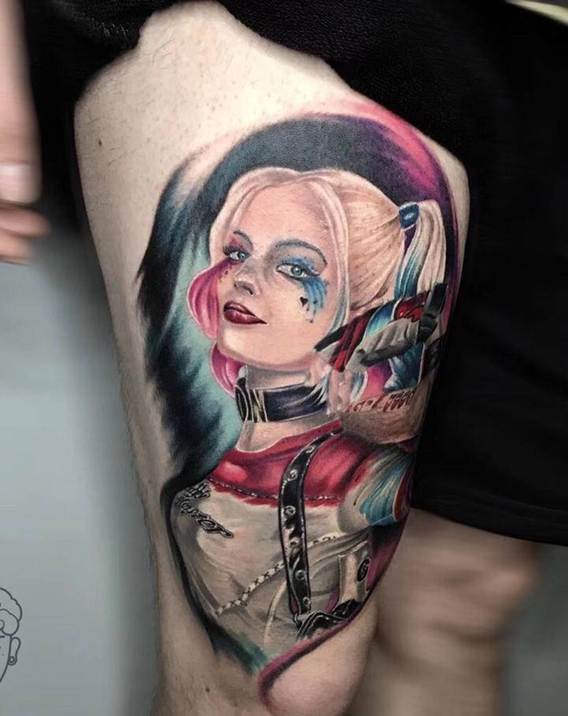 Harley Quinn纹身图片_腿部欧美写实人物纹身图案