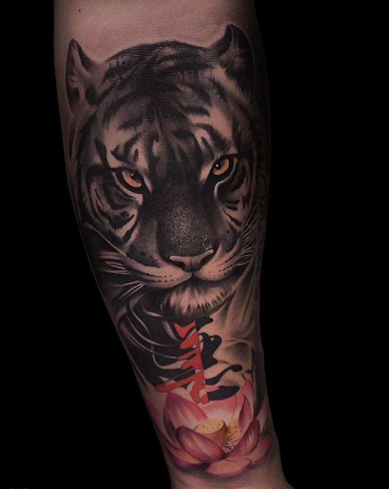 老虎纹身图片_手臂欧美写实纹身图案