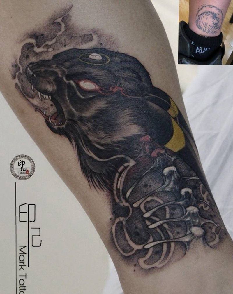 暗黑系小腿遮盖纹身图片_腿部New School纹身图案