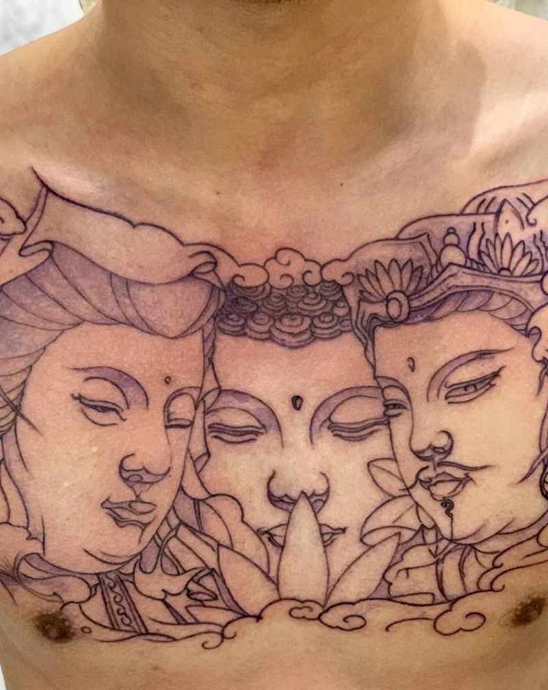 今日作品更新#水线 东方三圣#纹身图片_胸部新传统纹身图案