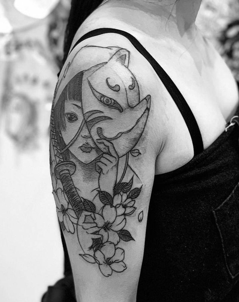 今日作品更新#点刺 艺妓线条#纹身图片_肩部Old School点刺纹身图案