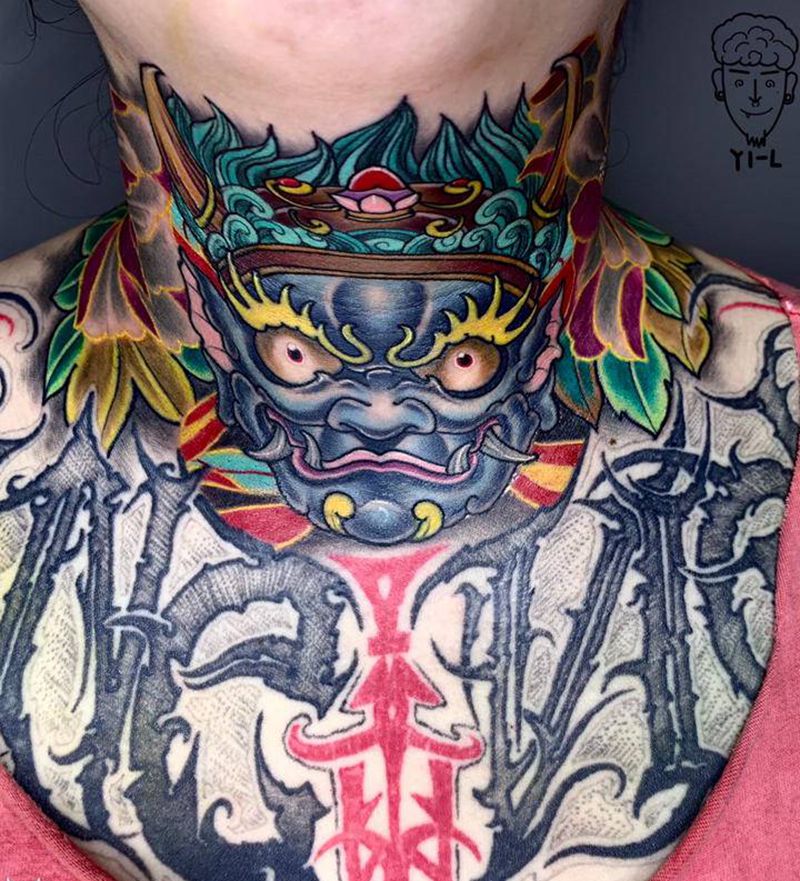 新传统包脖子大黑天纹身图片_颈部新传统大黑天 花纹身图案