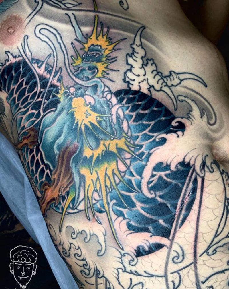 新传统龙未完成纹身图片_腹部腰部新传统龙纹身图案