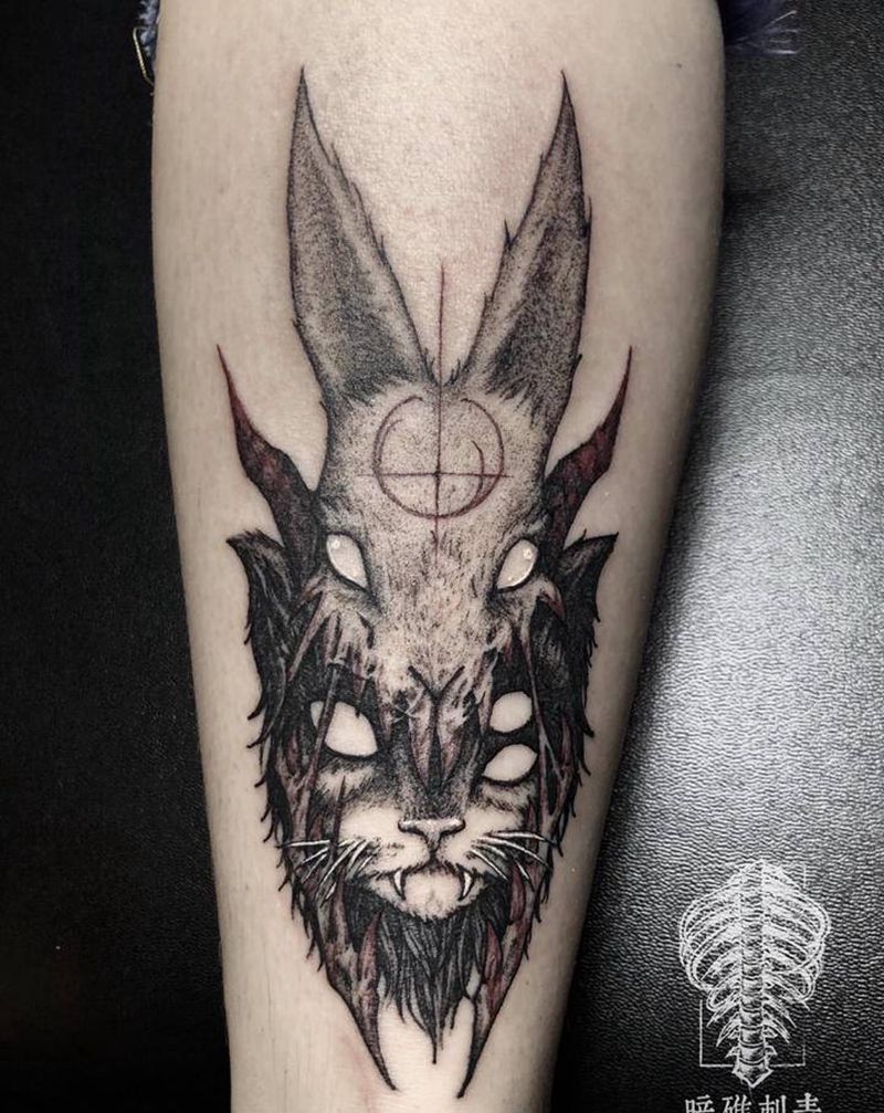 猫与兔纹身图片_暗黑纹身图案