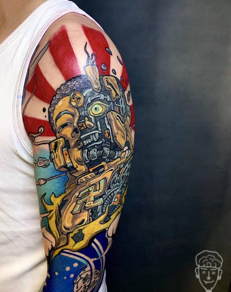 机械佛花臂未完纹身图片_手臂新传统New School佛纹身图案