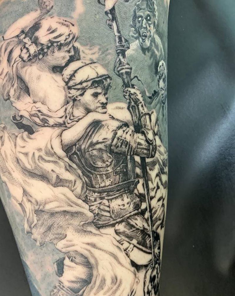 彩灰写实纹身图片_腿部欧美写实新传统古典主义油画人物纹身图案