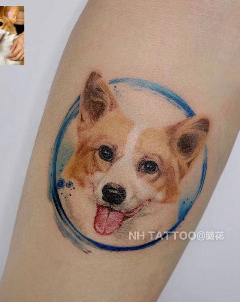 水彩⭕柯基纹身图片_手臂水彩欧美写实纹身图案