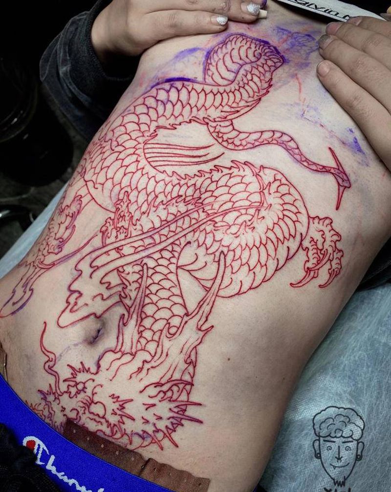 红龙未完成纹身图片_腹部新传统龙纹身图案