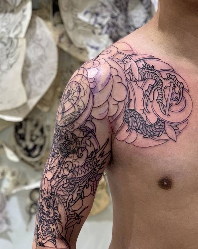 #遮盖# #今日作品更新#纹身图片_手臂胸部老传统半胛龙纹身图案