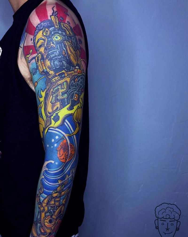 机械佛花臂纹身图片_手臂新传统佛纹身图案