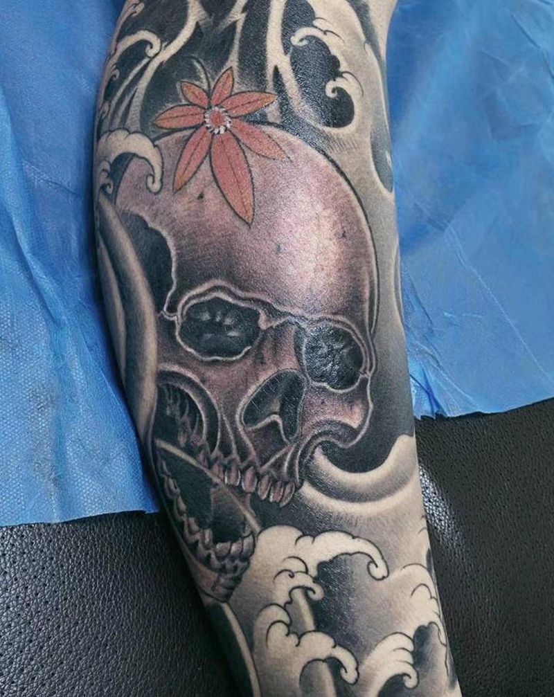 骷髅纹身图片_腿部新传统纹身图案