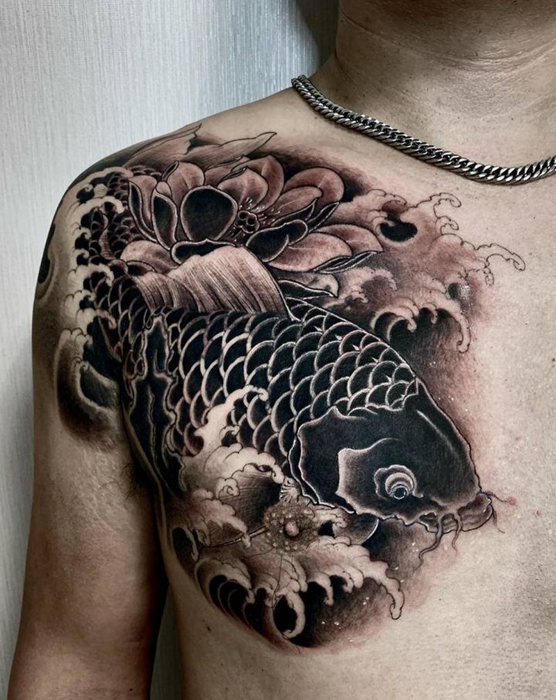 鲤鱼遮盖纹身图片_胸部新传统纹身图案