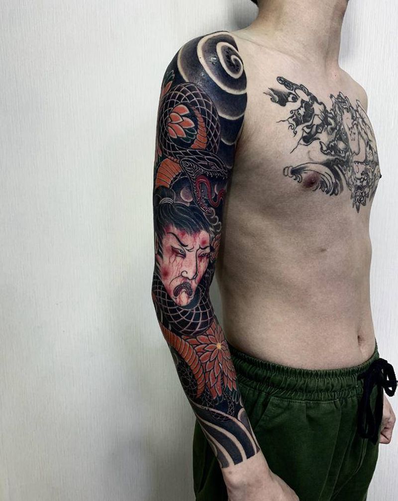 蛇盘生首纹身图片_手臂老传统纹身图案