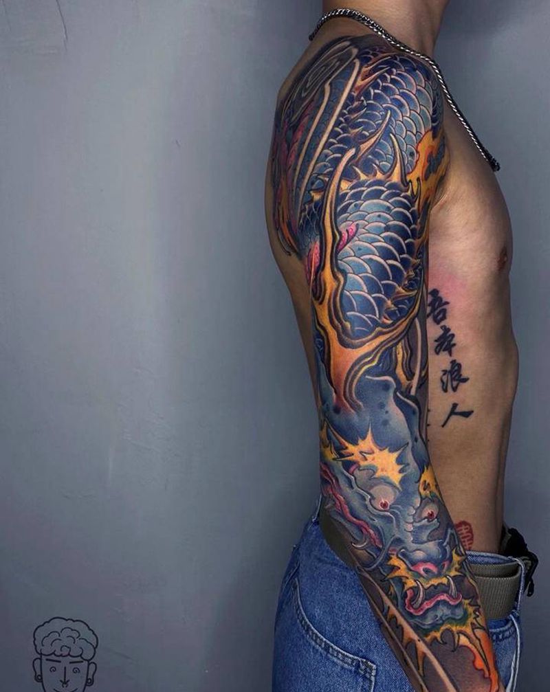 新传统龙臂纹身图片_手臂新传统龙纹身图案